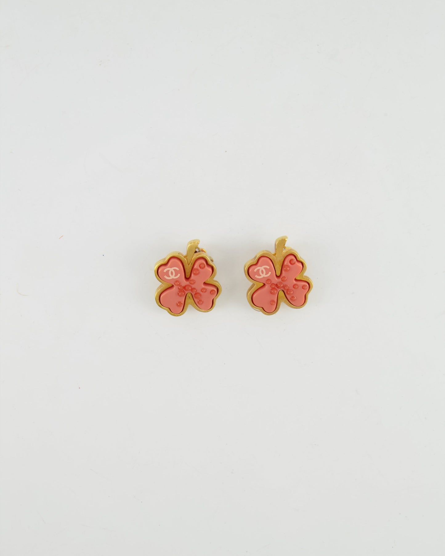 Chanel Vintage Brushed Gold and Pink Clover Clip On Earrings with CC Logo and Beads Details