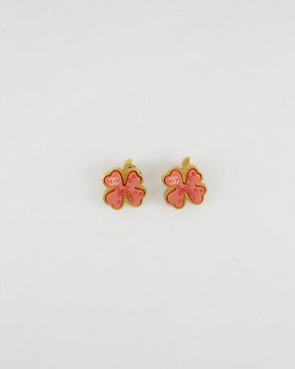 Chanel Vintage Brushed Gold and Pink Clover Clip On Earrings with CC Logo and Beads Details