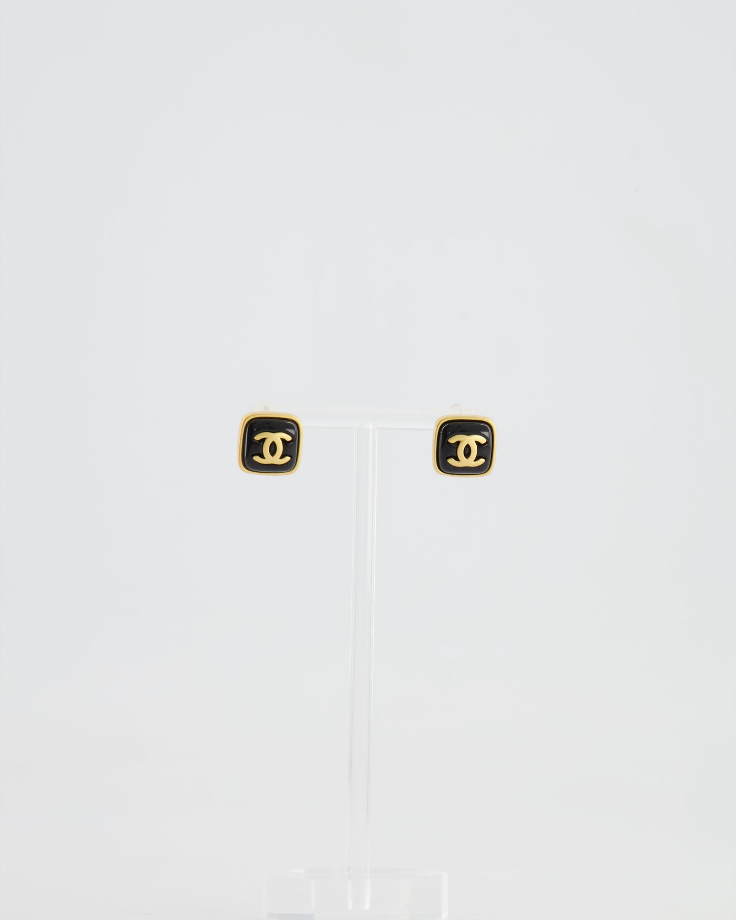 Chanel 25A Brushed Gold and Black CC Logo Small Square Earrings