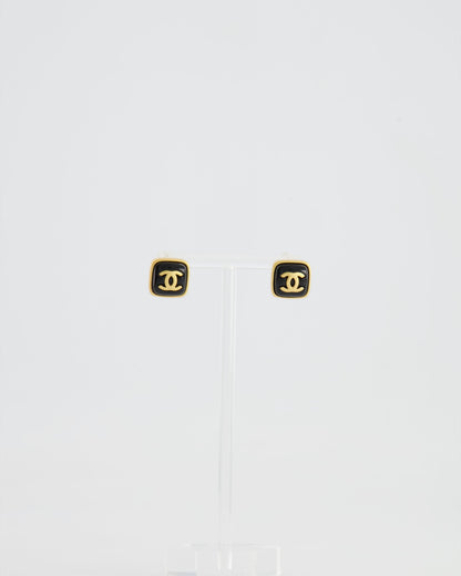 Chanel 25A Brushed Gold and Black CC Logo Small Square Earrings