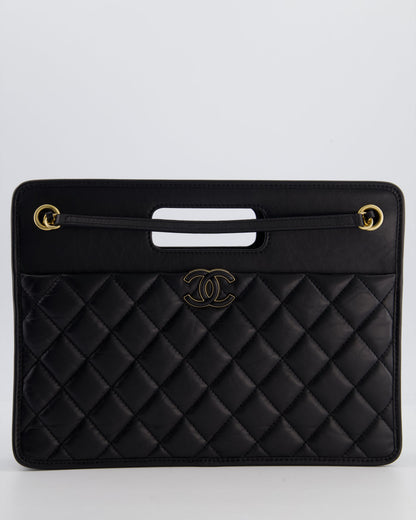 Chanel Black Aged Calfskin Quilted Small Graphic Catch Shopping Bag with Gold Hardware