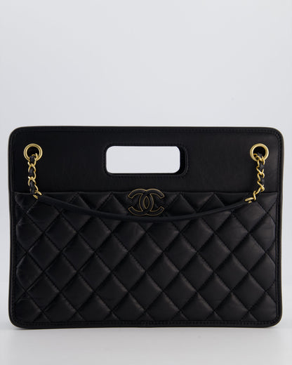 Chanel Black Aged Calfskin Quilted Small Graphic Catch Shopping Bag with Gold Hardware