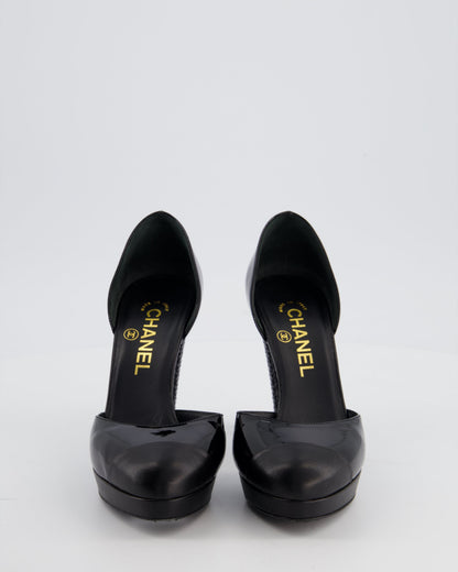 Chanel D'Orsay Black Patent Leather Platform Pumps with Sculpted Heels details Size 36.5 EU