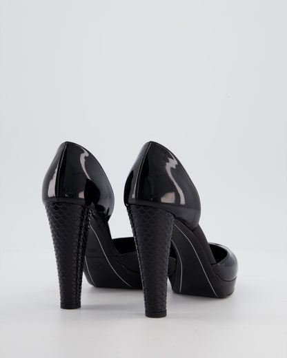 Chanel D'Orsay Black Patent Leather Platform Pumps with Sculpted Heels details Size 36.5 EU