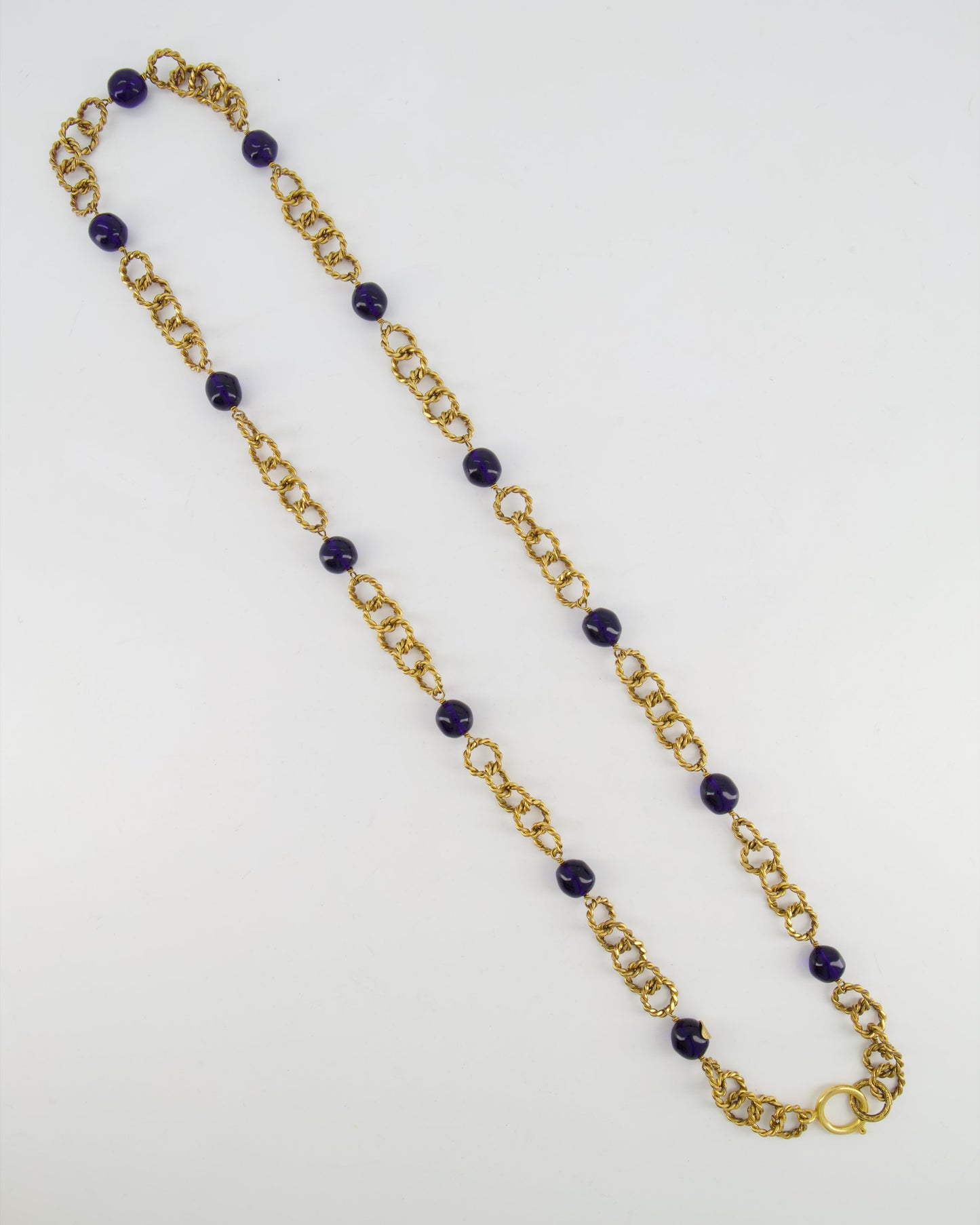 Chanel 2005 Vintage Brushed Gold Chain Necklace with Navy Blue Stones
