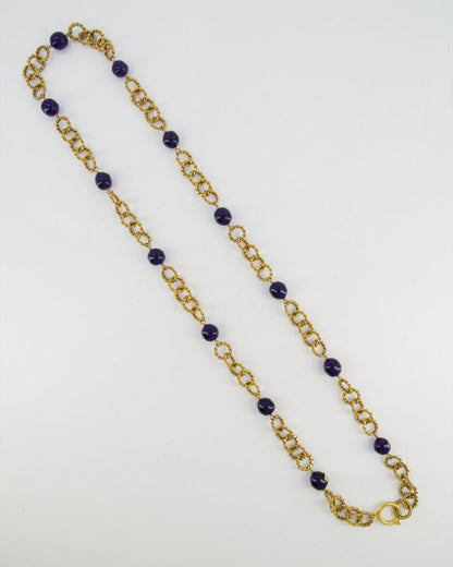 Chanel 2005 Vintage Brushed Gold Chain Necklace with Navy Blue Stones