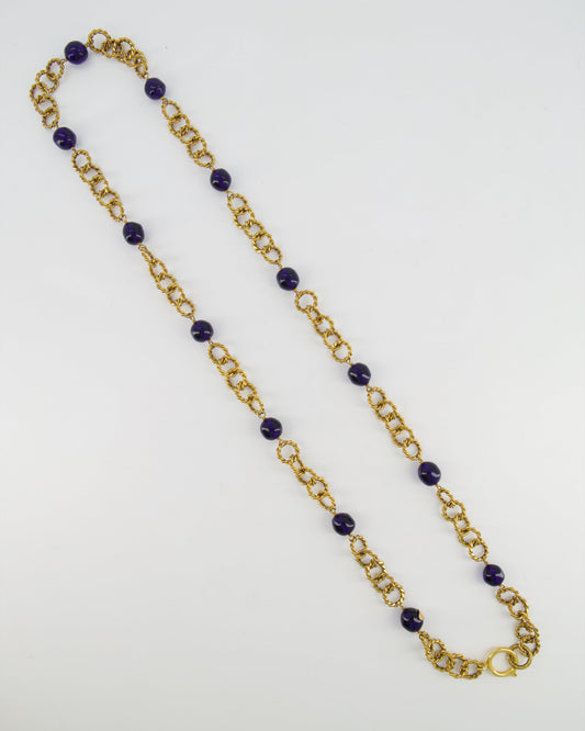 Chanel 2005 Vintage Brushed Gold Chain Necklace with Navy Blue Stones