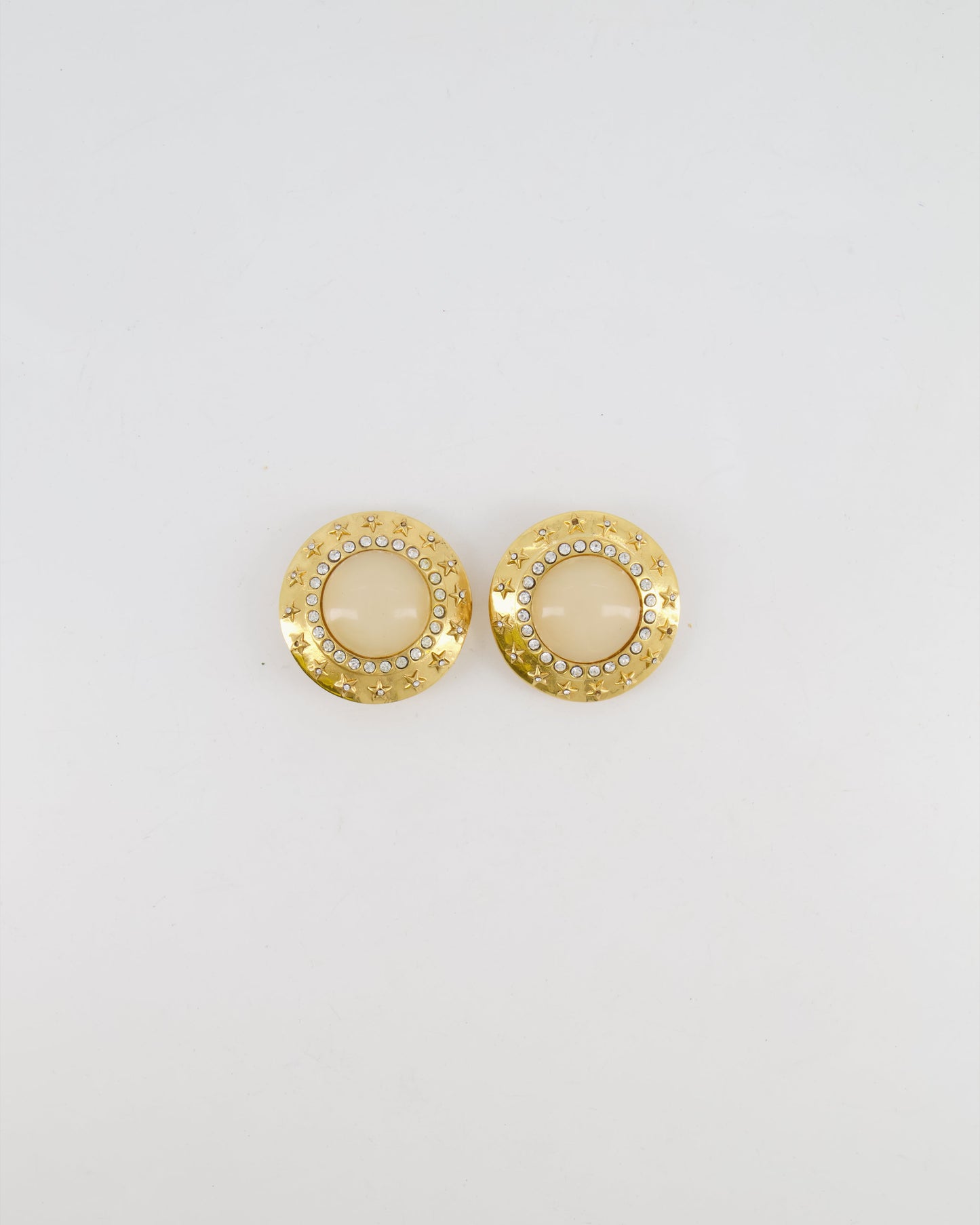 Chanel 2003 Vintage Gold Large Round Clip On Earrings with Beige Stone, Stars and Crystal Embellishments