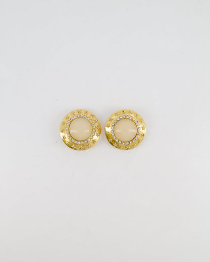 Chanel 2003 Vintage Gold Large Round Clip On Earrings with Beige Stone, Stars and Crystal Embellishments
