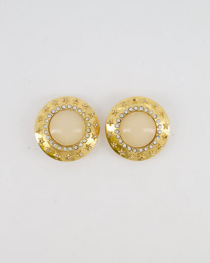 Chanel 2003 Vintage Gold Large Round Clip On Earrings with Beige Stone, Stars and Crystal Embellishments