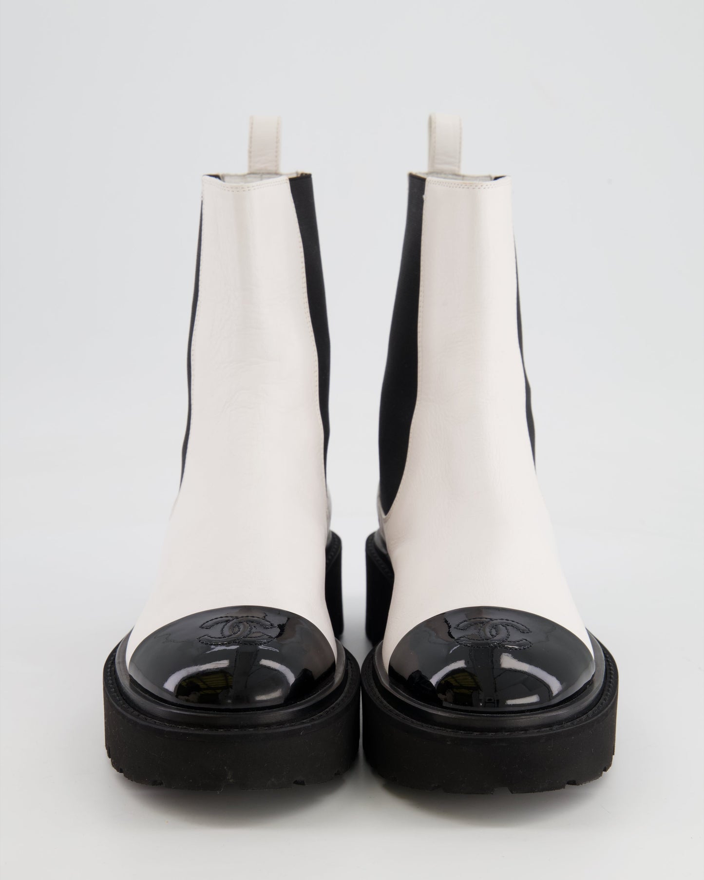 Chanel White Leather Ankle Boots with Black Patent Toe Cap and CC Logo Detail Size EU 37.5