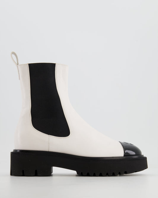 Chanel White Leather Ankle Boots with Black Patent Toe Cap and CC Logo Detail Size EU 37.5