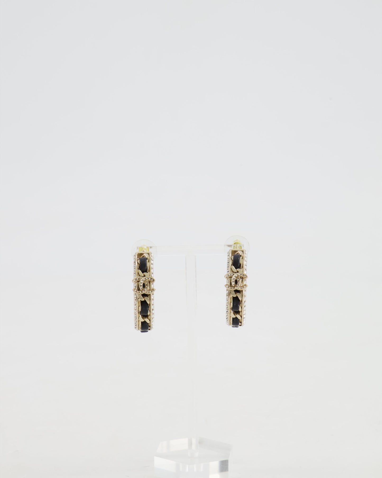 Chanel 2023 Gold, Black Leather and Crystal Embellished CC Logo Hoop Earrings