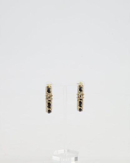 Chanel 2023 Gold, Black Leather and Crystal Embellished CC Logo Hoop Earrings