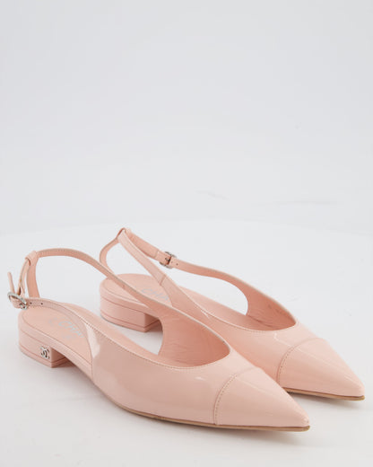 Chanel Baby Pink Patent Calfskin Leather Cap Toe Slingback Flats with Silver CC Logo Detail Size EU 37