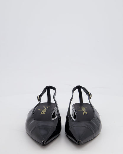 Chanel Black Patent Leather Flat Slingback with Silver CC Logo Detail Size EU 37