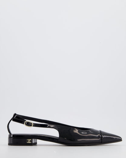 Chanel Black Patent Leather Flat Slingback with Silver CC Logo Detail Size EU 37