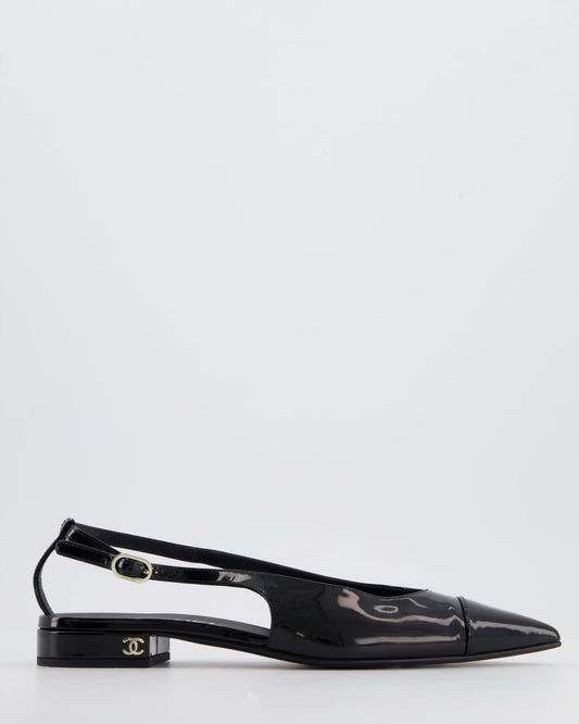 Chanel Black Patent Leather Flat Slingback with Silver CC Logo Detail Size EU 37