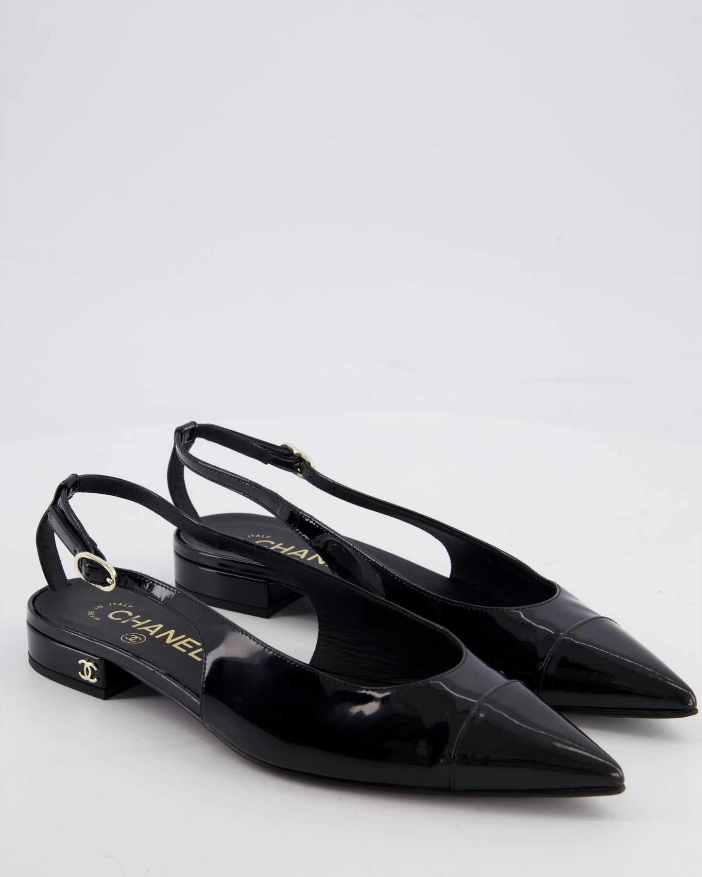Chanel Black Patent Leather Flat Slingback with Silver CC Logo Detail Size EU 37