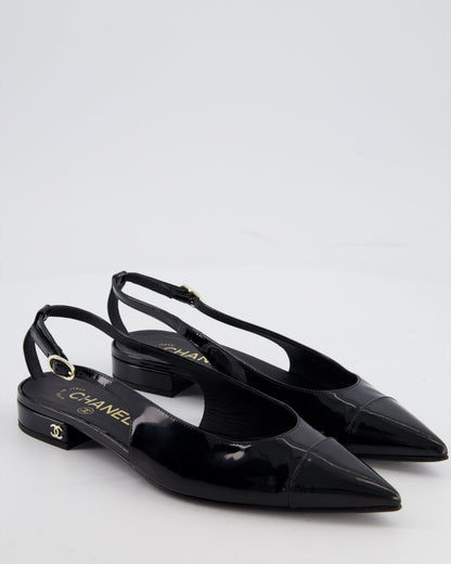 Chanel Black Patent Leather Flat Slingback with Silver CC Logo Detail Size EU 37