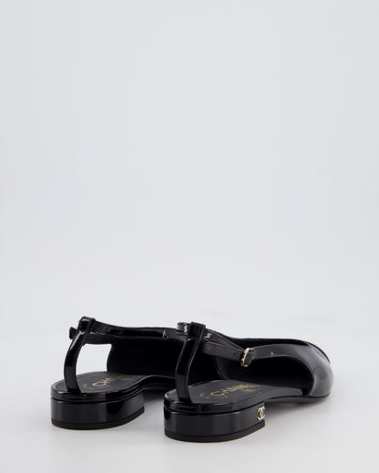 Chanel Black Patent Leather Flat Slingback with Silver CC Logo Detail Size EU 37