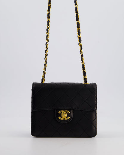 Chanel Black Vintage Mini Square Classic Flap Bag in Lambskin Leather with 24K Gold Hardware