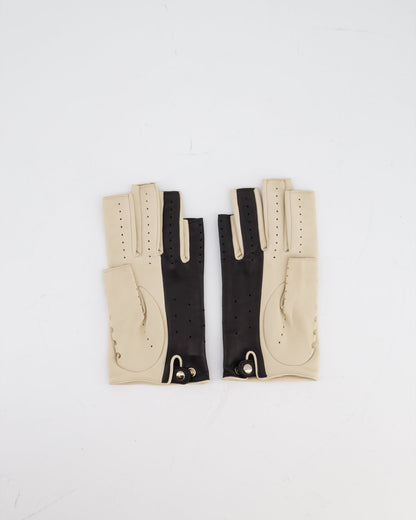 Chanel Black and Beige Perforated Fingerless Leather Gloves Size 7.5