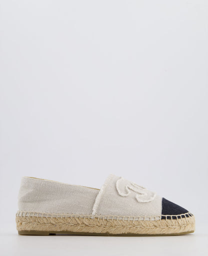 Chanel Cream and Black Canvas Espadrilles with CC Logo Size EU 38