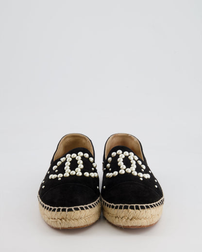 Chanel Black Suede Espadrilles with Pearl Embellishments and CC Logo Size EU 38
