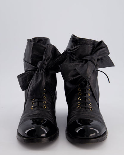 Chanel Black Crumpled Calfskin Lace Up Combat Boots with Tie-Up Straps & Patent Leather Toe Cap Detail Size EU 40