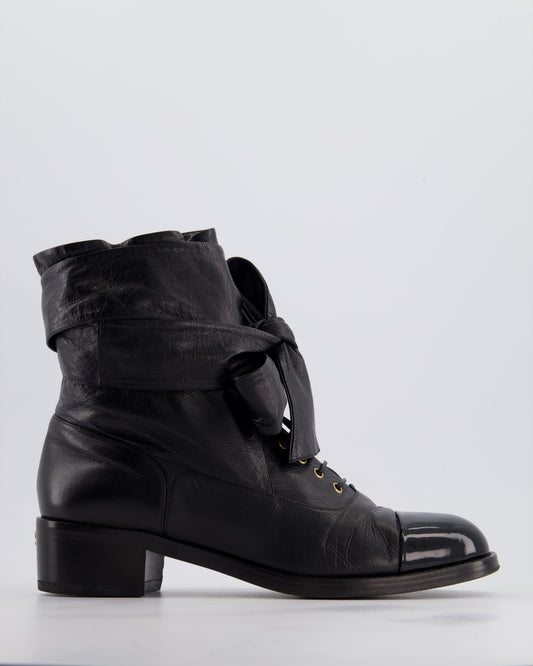 Chanel Black Crumpled Calfskin Lace Up Combat Boots with Tie-Up Straps & Patent Leather Toe Cap Detail Size EU 40