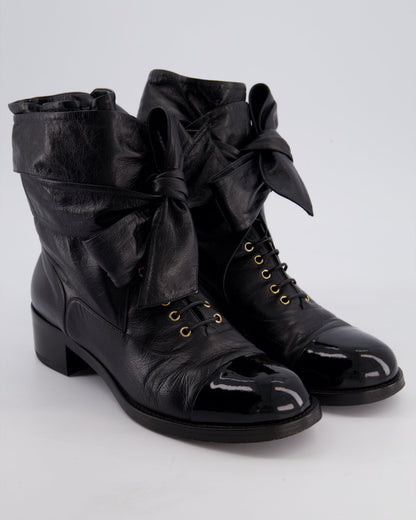 Chanel Black Crumpled Calfskin Lace Up Combat Boots with Tie-Up Straps & Patent Leather Toe Cap Detail Size EU 40