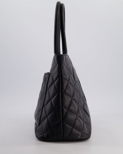 Chanel Vintage Black Medallion Tote in Black Quilted Caviar Leather with Gold Hardware