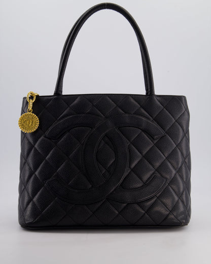 Chanel Vintage Black Medallion Tote in Black Quilted Caviar Leather with Gold Hardware