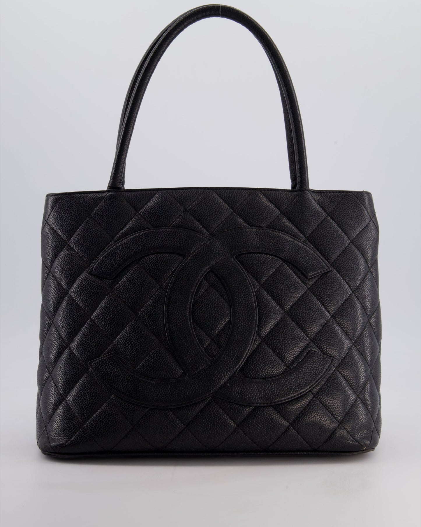 Chanel Vintage Black Medallion Tote in Black Quilted Caviar Leather with Gold Hardware