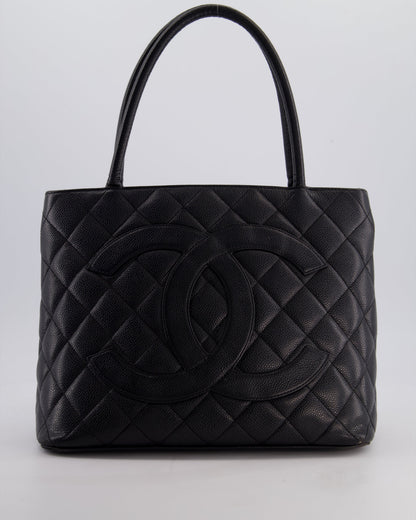 Chanel Vintage Black Medallion Tote in Black Quilted Caviar Leather with Gold Hardware