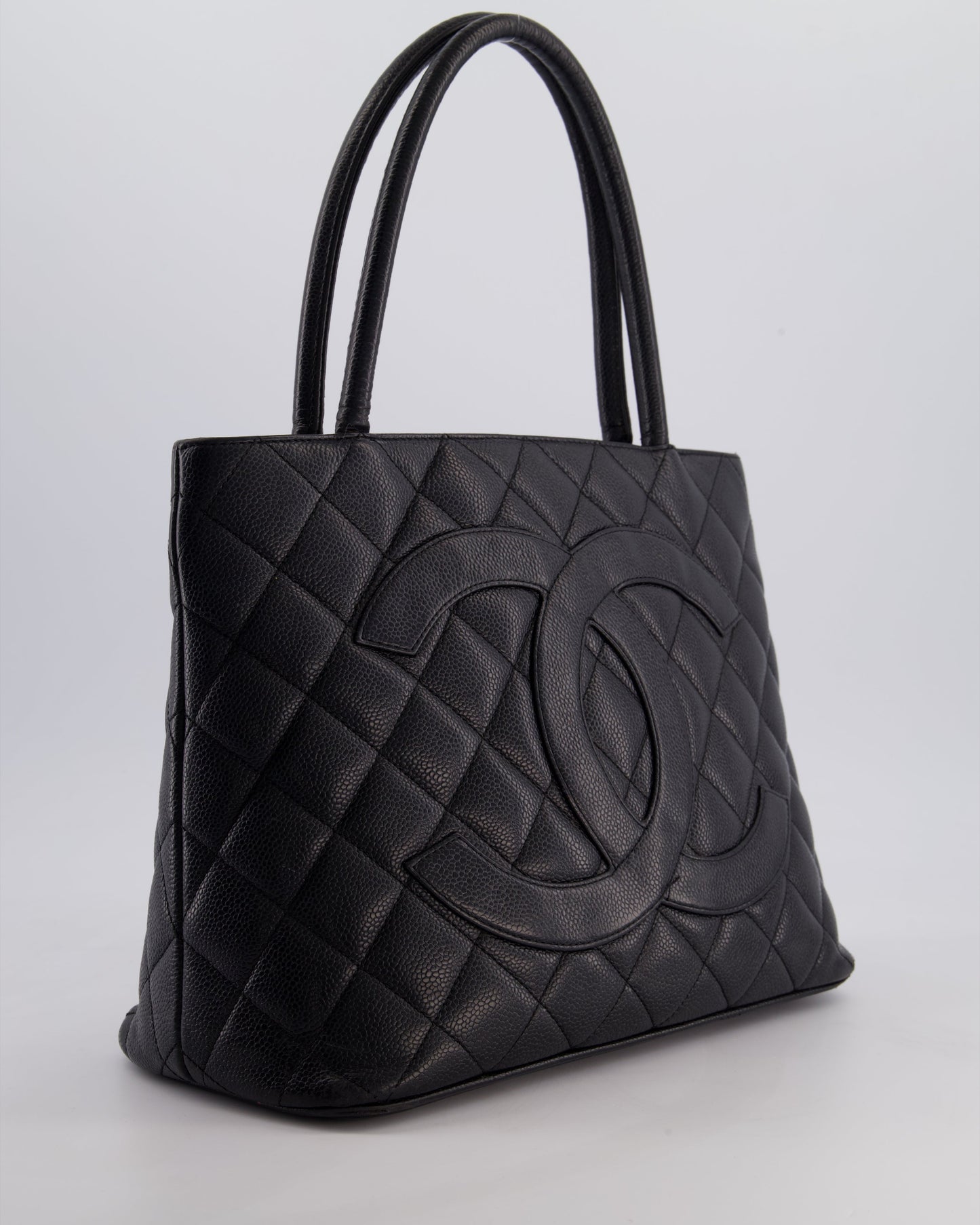 Chanel Vintage Black Medallion Tote in Black Quilted Caviar Leather with Gold Hardware