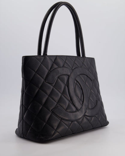 Chanel Vintage Black Medallion Tote in Black Quilted Caviar Leather with Gold Hardware