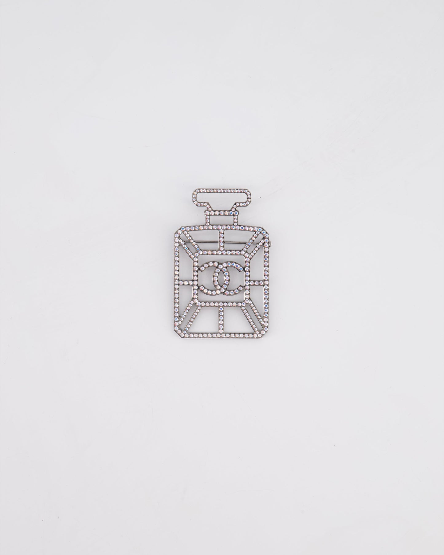 Chanel Silver Perfume Bottle Brooch with Crystals Detail