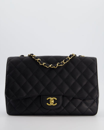 Chanel Black Jumbo Classic Single Flap Bag in Caviar Leather with Gold Hardware