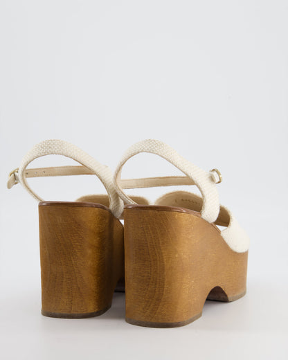 Chanel Cream and Brown Canvas Platform CC Wedge Sandals with Patent Logo Detail Size EU 38C