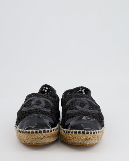 Chanel Black Lace Espadrilles with Patent Leather CC Logo and Toe Cap Detail Size EU 40