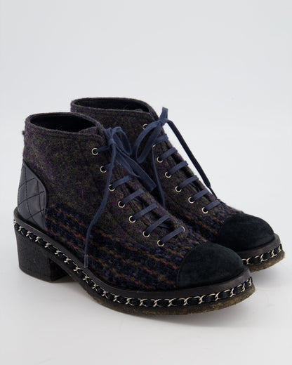 Chanel Black Calfskin Boots with Tweed, Suede & Chain Detailing Size EU 38