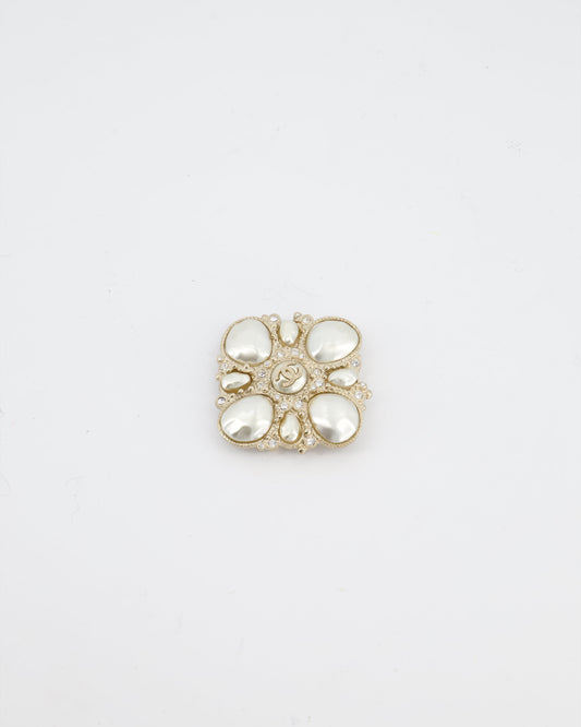 Chanel Champagne Gold Pearl and Crystal Brooch with CC Logo