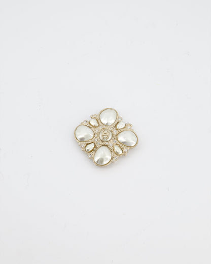 Chanel Champagne Gold Pearl and Crystal Brooch with CC Logo