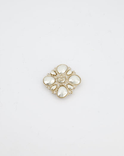 Chanel Champagne Gold Pearl and Crystal Brooch with CC Logo