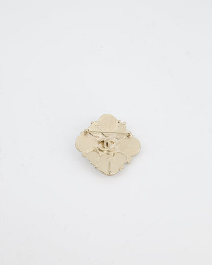 Chanel Champagne Gold Pearl and Crystal Brooch with CC Logo