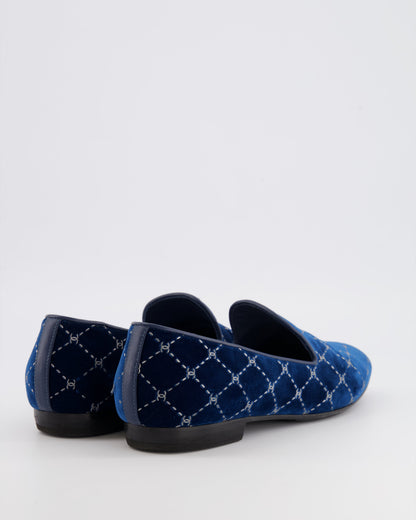 Chanel Navy Velour Loafers with Silver Diamond Stitch Pattern and CC Logos Size EU 40C