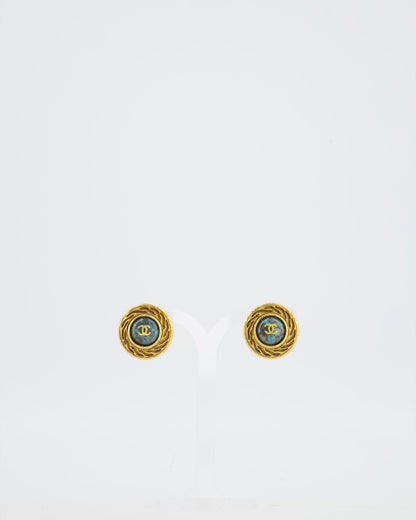 Chanel Vintage Gold and Turquoise Round Clip On Earrings with CC Logo Detail