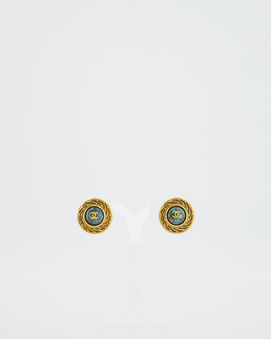 Chanel Vintage Gold and Turquoise Round Clip On Earrings with CC Logo Detail